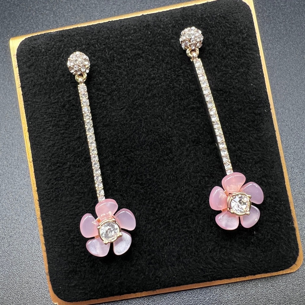 Pink Flower Drop Earrings Gold Tone Pave Rhinestone Resin Floral‎ Dangle Spring